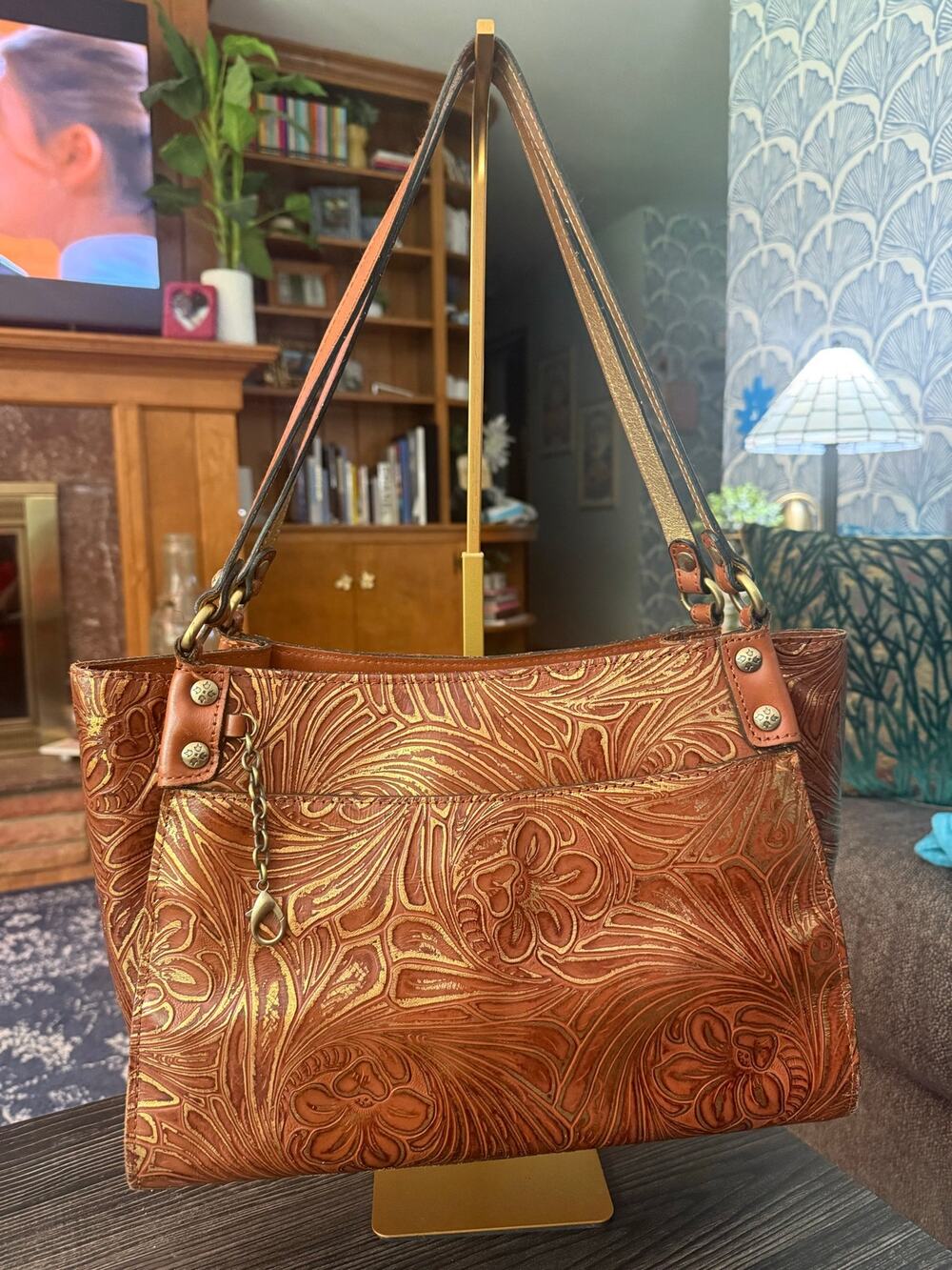 Patricia Nash Romina Tooled Leather Tote Bag Tobacco Fields Tan Gold